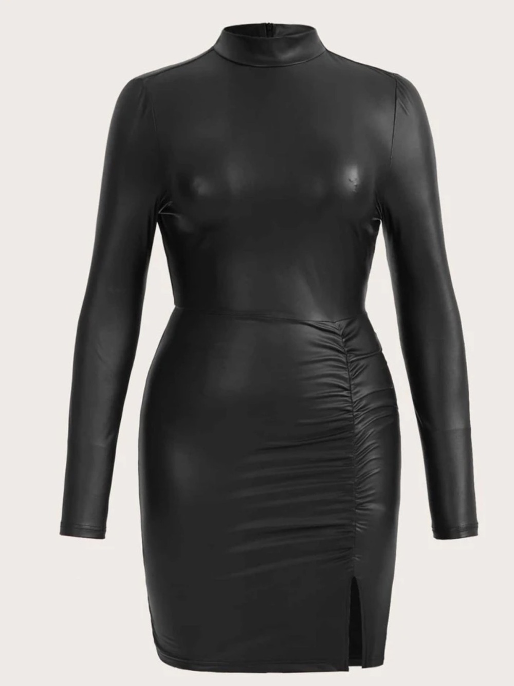 Black Long Sleeve Faux Leather Ruched Bodycon Dress - 0XL